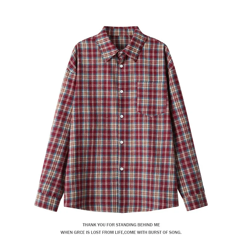 Retro Plaid Long Sleeve Shirt Women's Loose Button Down Casual Daily Top Red Blue Checkered Pocket Blouse