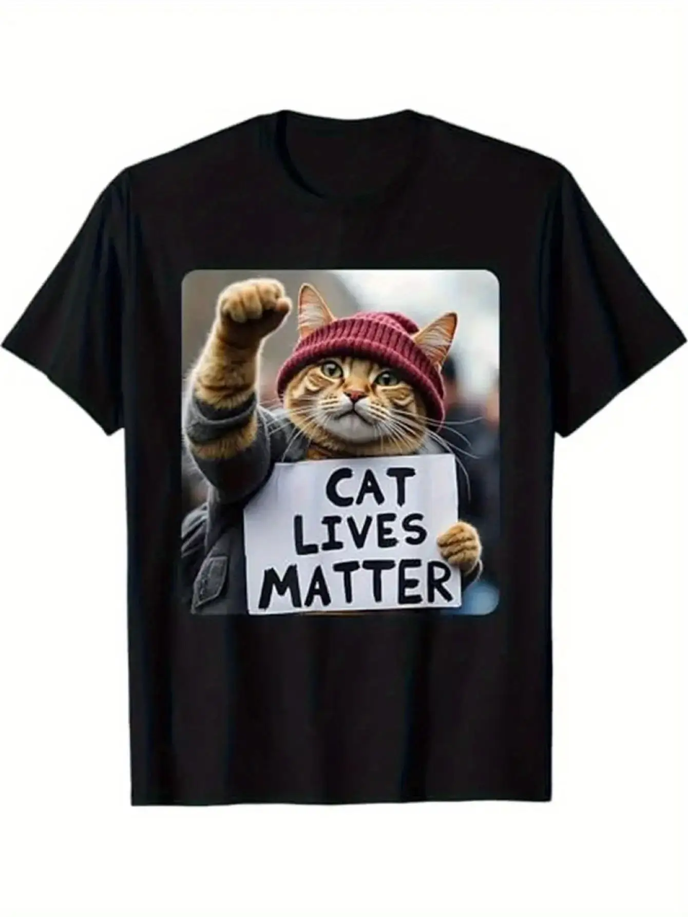 Humorous Feline Design T-Shirt - Comfortable, Flexible, Men'S Round Neck Tee Suitable for Every Season