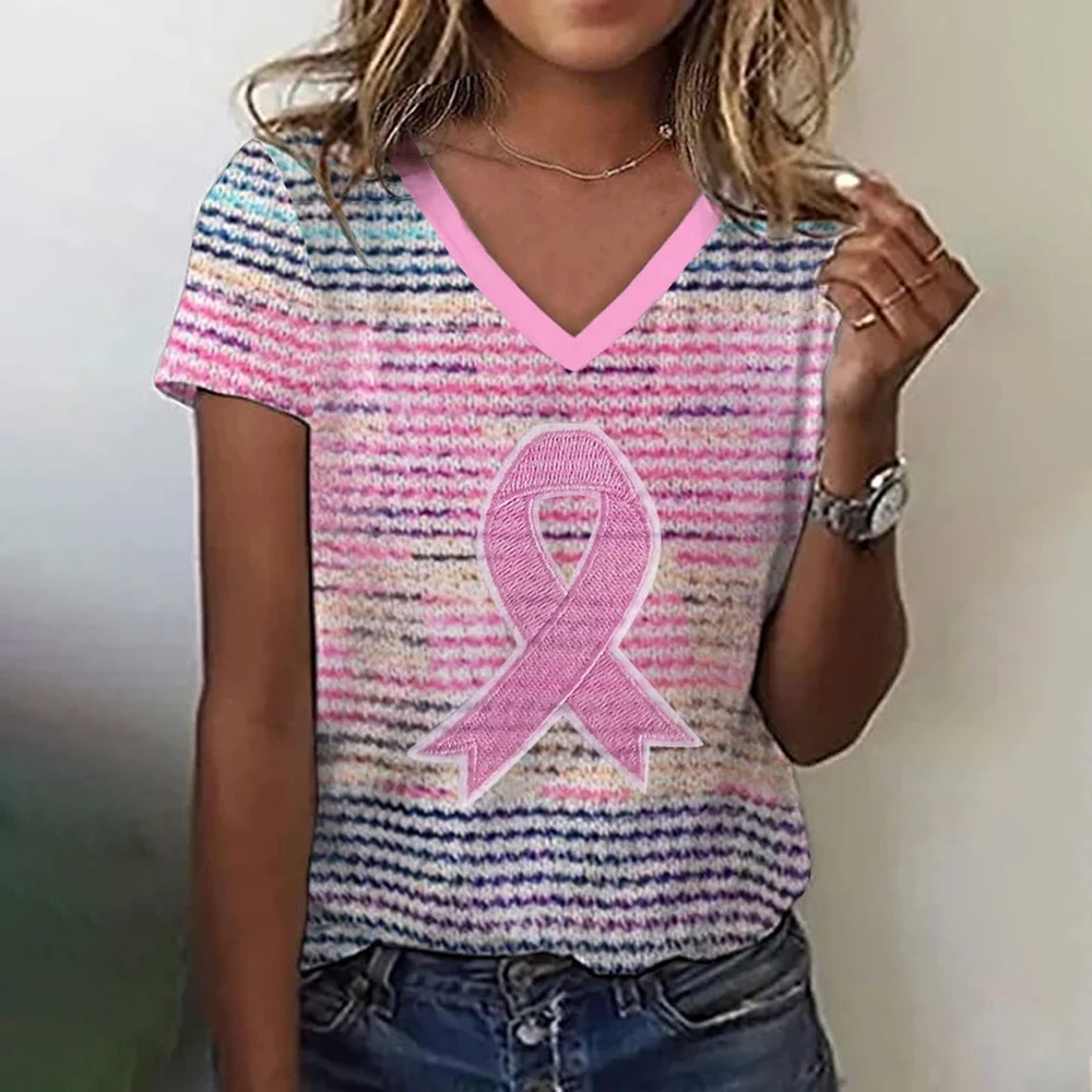 

Women's T-Shirt Pink Ribbon Print V-Neck T-Shirt 3d Print Casual Clothing Short Sleeve Summer Female Design Tshirts