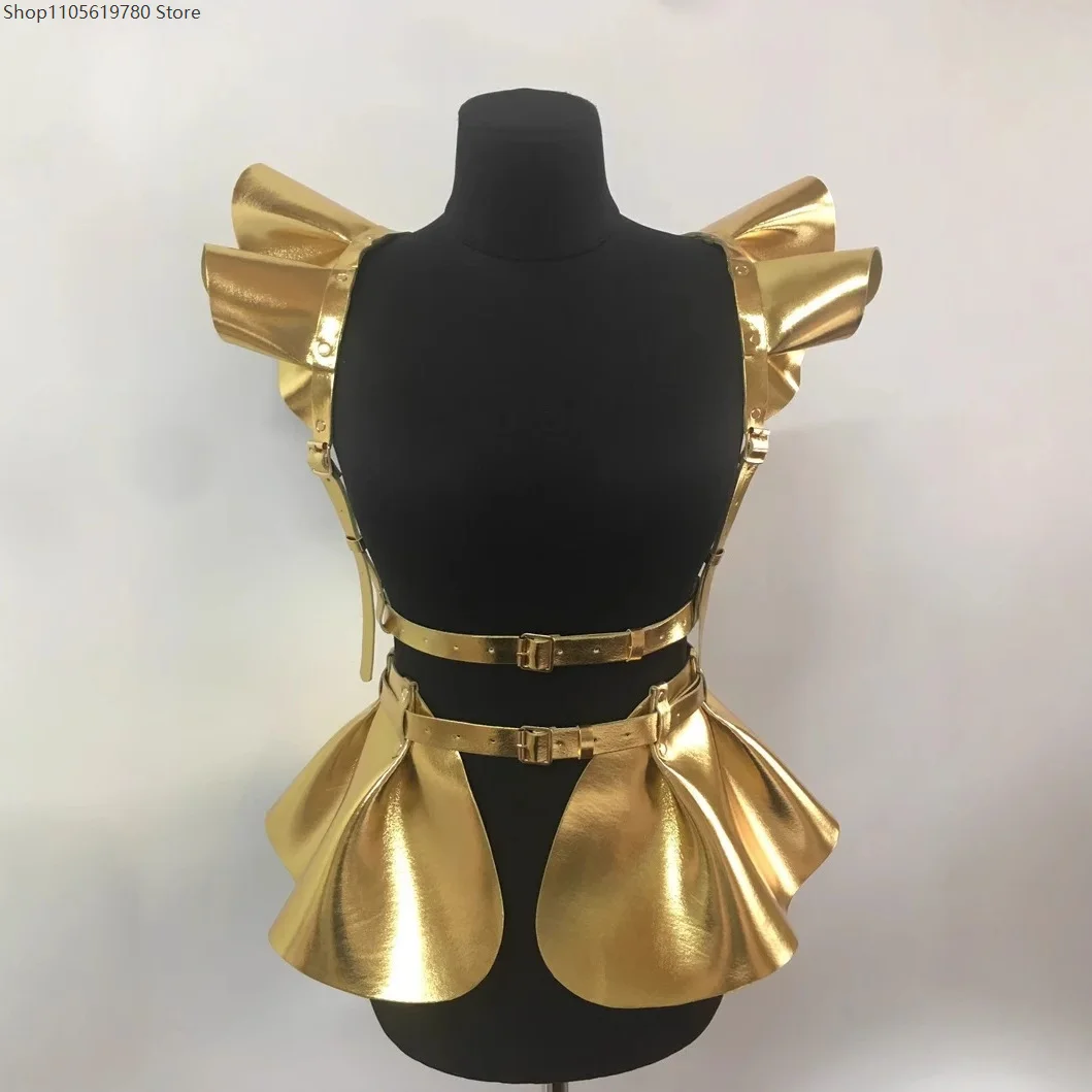 2026 Fashion Hologram PU‑Leather Ruffle Shoulder Suspender Harness Adjustable Waist Girdle Skirt Women Cosplay Costume Prop