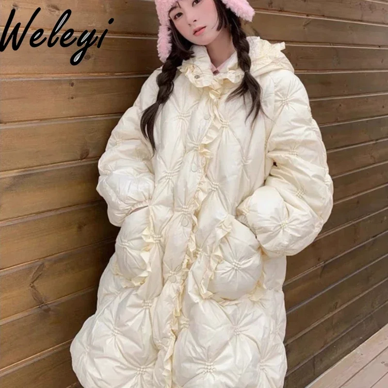 

Lolita Fungus Lace Off-white Hooded Midi Down Jacket Woman 2024 New Sweet Warm Women's Winter Mid-length Puffer Coat Feminino