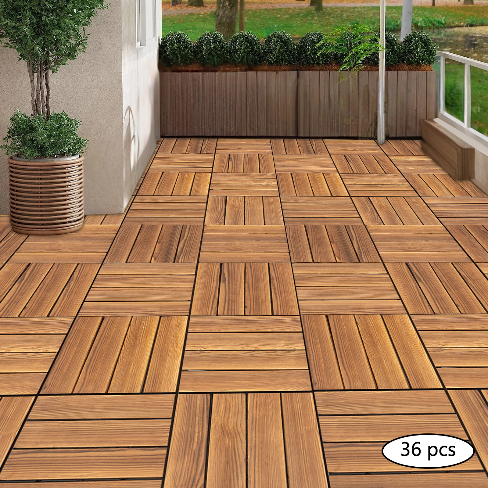 36 Pack Hardwood Interlocking Patio Deck Tiles, Larch Solid Wood Flooring Tiles Brown,12*12*1in Indoor Outdoor DIY Balcony Flooring