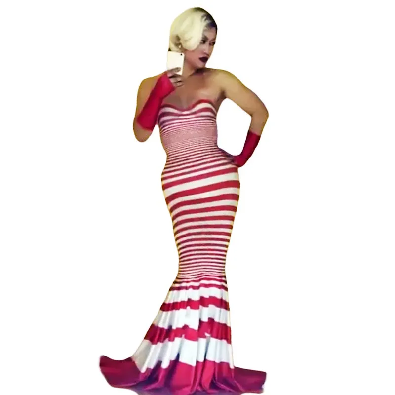 

Fashion Red White Stripes Floor-length Bodycon Dress for Women Birthday Evening Party Celebrate Dresses Photograph Stage Costume