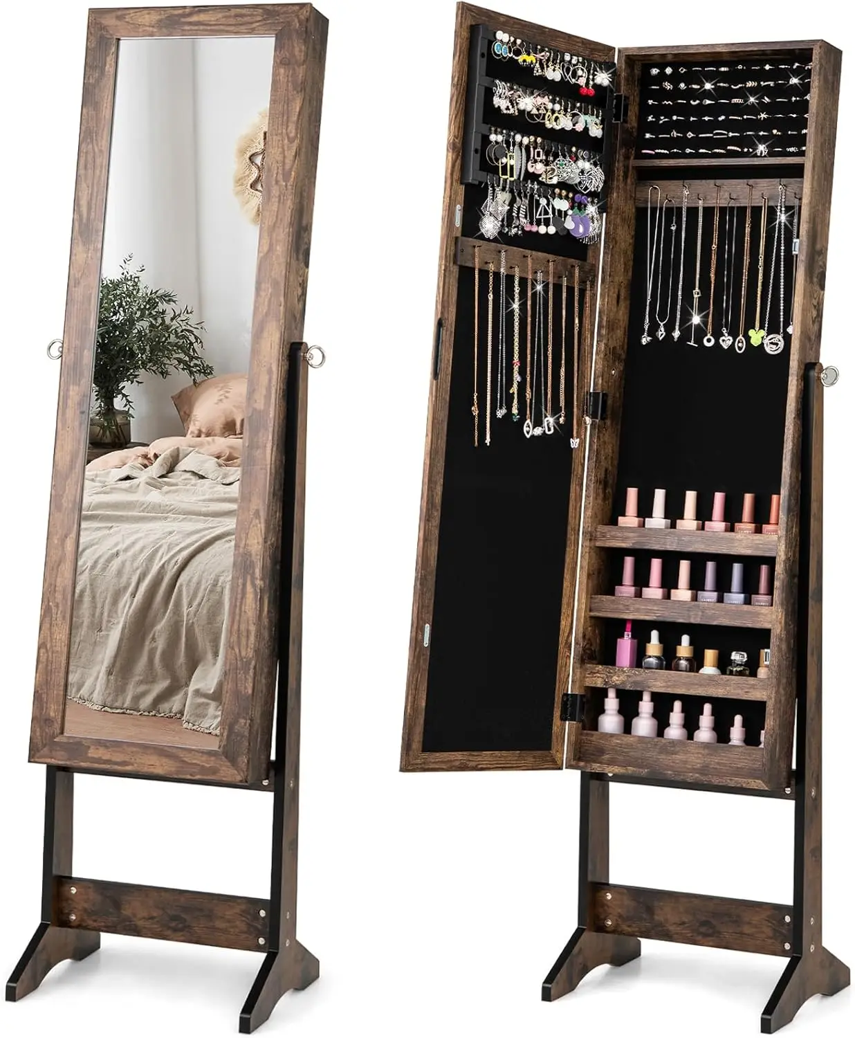 Jewelry Cabinet with Full-Length Mirror, Standing Jewelry Armoire Organizer  4 Storage Shelves, 3 Angle Adjustable, Rustic Brown