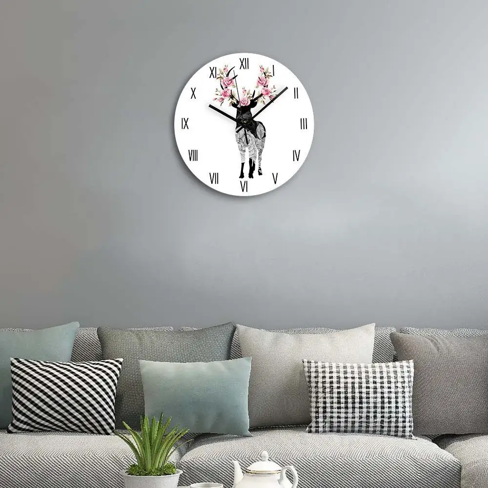Cute Simple Cartoon Pattern Adorable Deer Wall Clock Round Kids Room Design Modern Silent Clock
