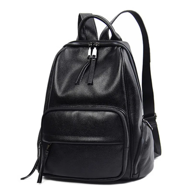 

Black Genuine Leather Backpack Women Ladies Real Cow Leather Satchels Fashionable Girls Travel Shouder Bag