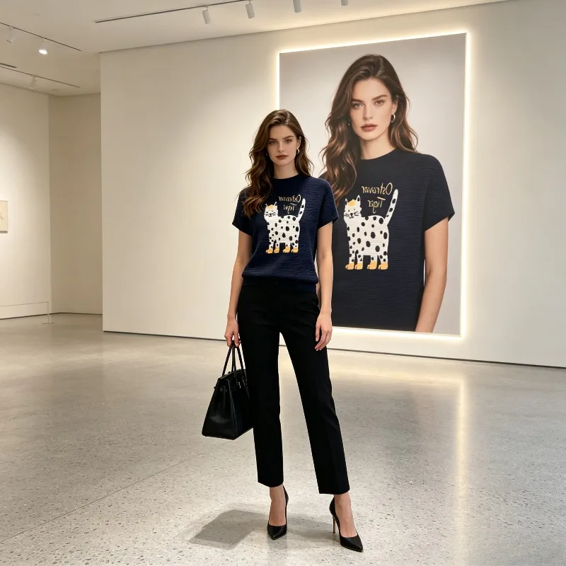 Miyake Pleated 2026 New Summer Original Corn Wrinkle Texture Fun American Style Printed T-Shirt Slim Fit Short Top for Women