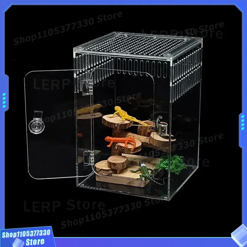 Transparent Acrylic Reptile Feeding Box for Tree Frog Lizard Vertical Climbing Habitat with Horn Design Arboreal Pet Palace