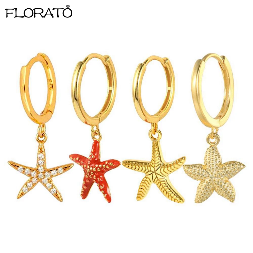 Pendientes con colgante de estrella de mar fina de aguja de Plata de Ley 925, pendientes de oro de 24K a la moda para la playa para mujer, regalos de joyería de calidad alta