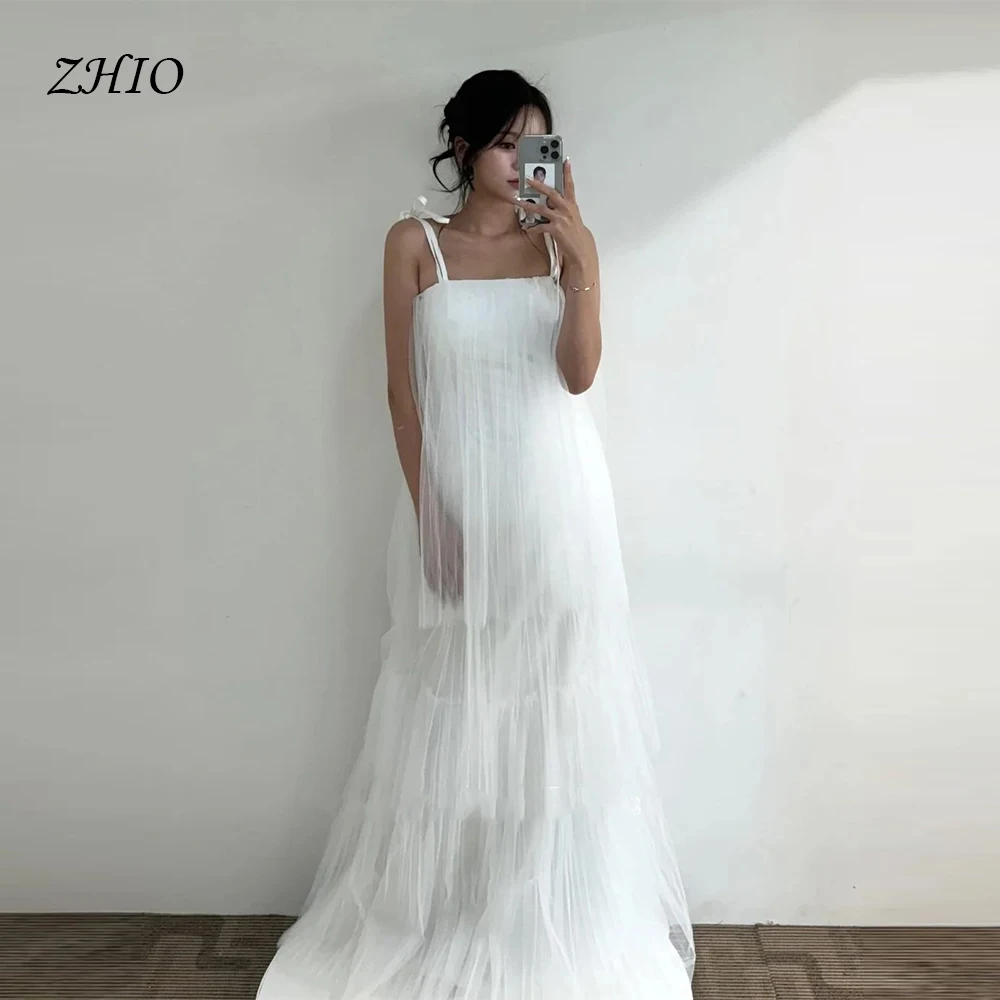 

ZHIO New Customized A Line Wedding Dresses Korean Portrait Multi Layered Tulle Bridal Gowns Spaghetti Strap Women's Long Dresses