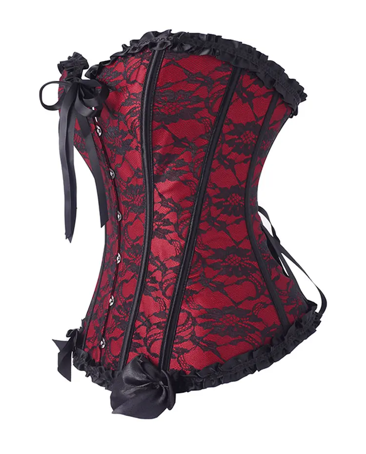 Damen Gothic Overbust-Korsett mit Spitze, Rüschen, Schleife vorne, Busk-Rückseite, Schnürung, Taillenformer, Halloween-Party-Kostüm – Detail 4