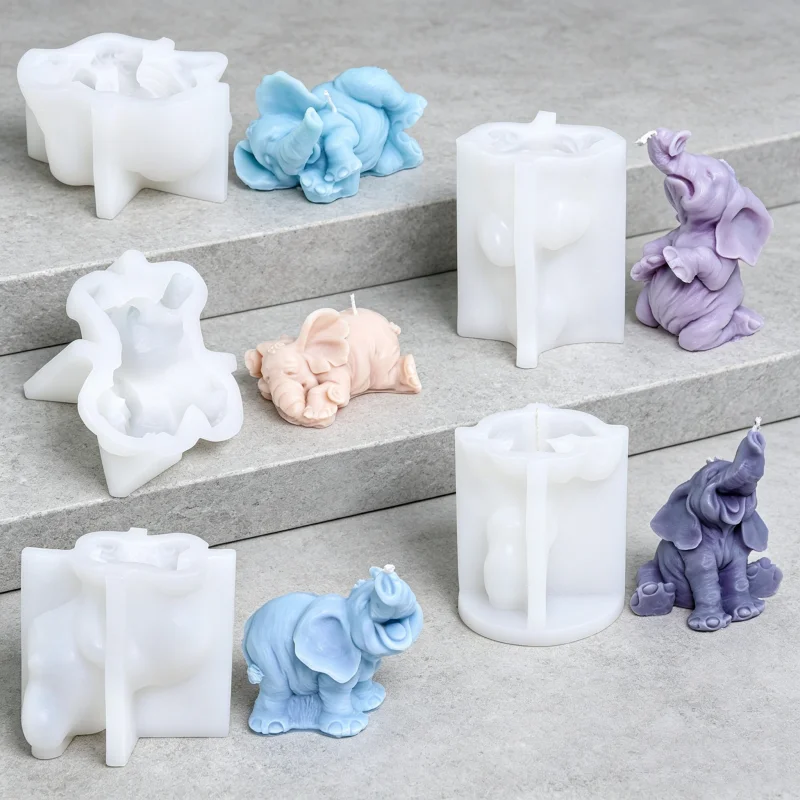 3D Elephant Silicone Candle Mold, Multi-Style Lying Trunk Up Wax Mould for DIY Soap & Resin Plaster Baby Shower Home Decor Gift