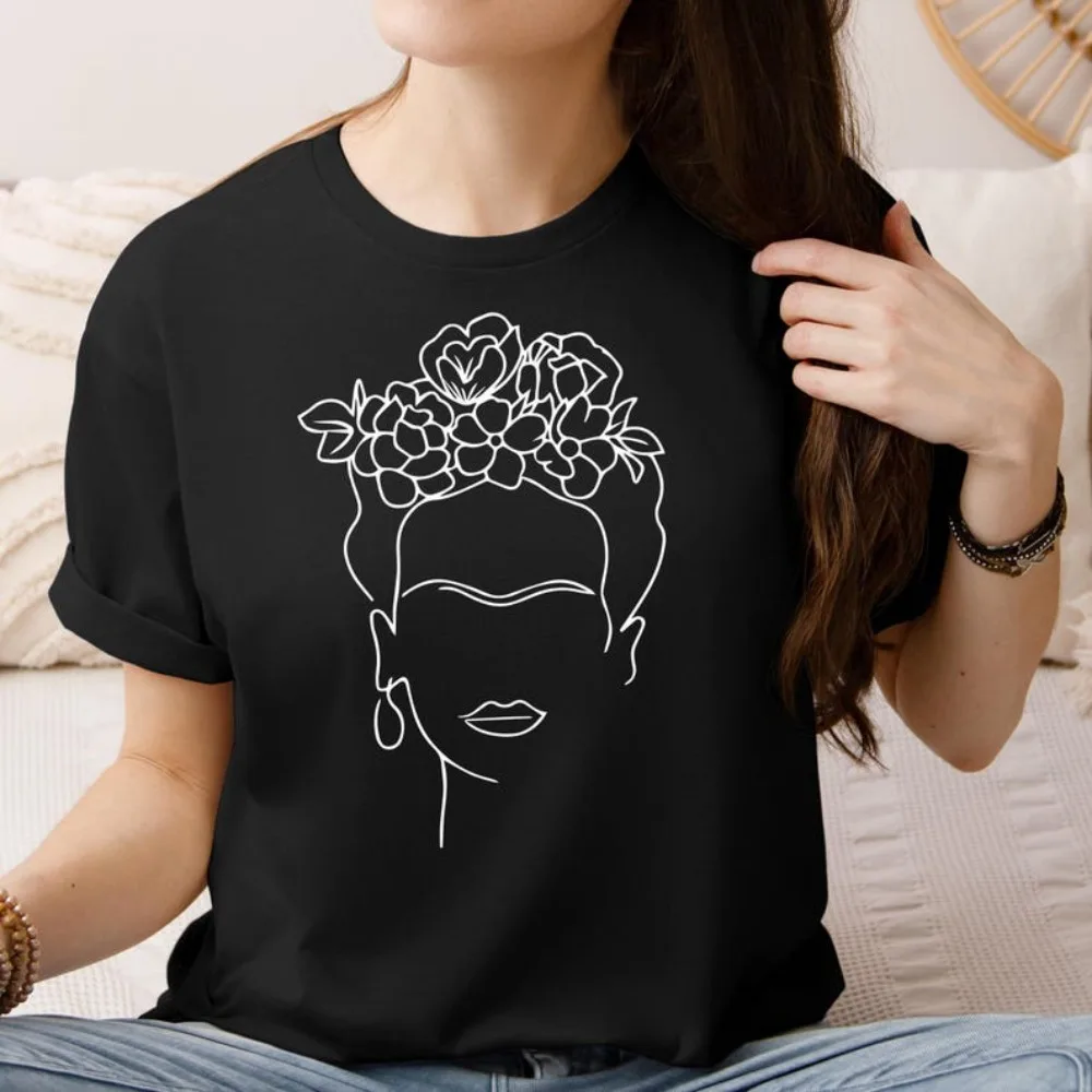 Camiseta Frida Kahlo com Arte de Linha, Homenagem e Memória, Camiseta com Retrato de Frida Kahlo, Camiseta Feminina Simples Casual