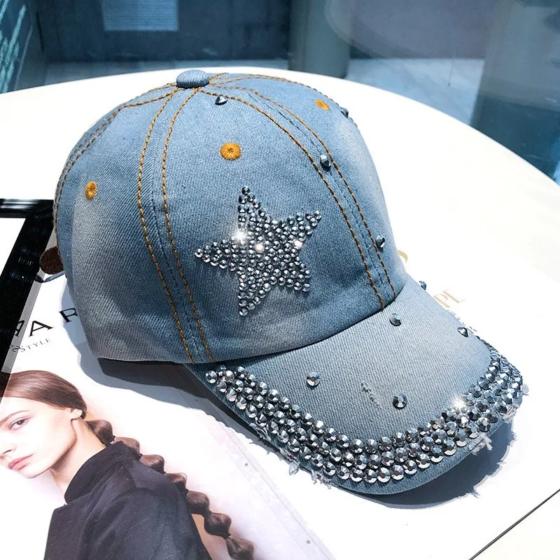 Women Punk Shiny Rhinestone Denim Baseball Cap Hip Hop Star  display picture 3