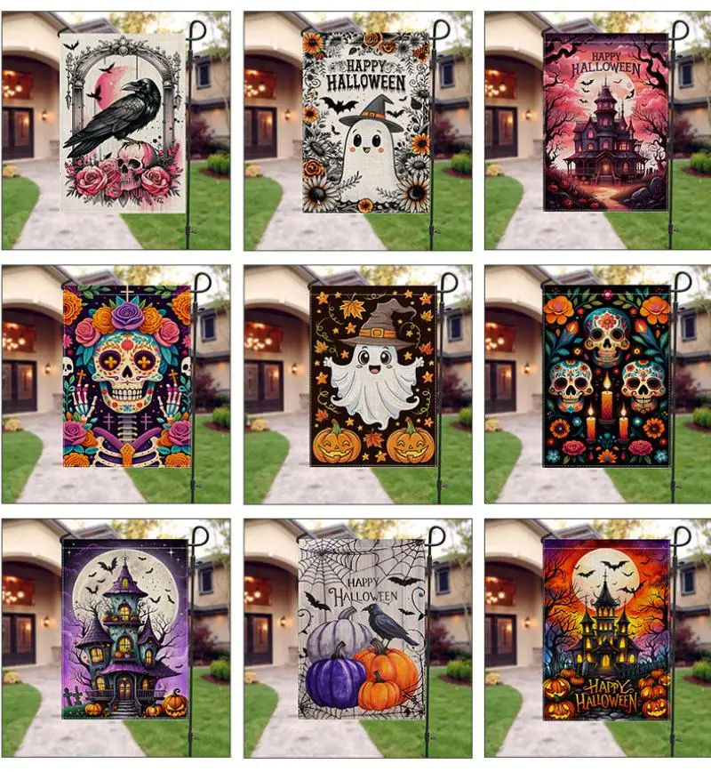 2 Stück Halloween-Horror-Gartenflagge, bunter Karomuster-Druck, Outdoor-Hofdekoration, niedliche Geister-Skelett-Flagge für den Allerheiligen-Tag – Detail 2
