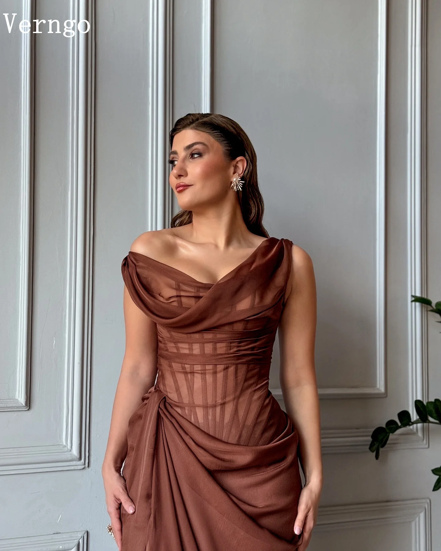 Verngo Brown Chiffon Evening Dress One Shoulder Mermaid Prom Gown Pleat Side Slit Sexy Formal Occasion Dresses Customized image 5