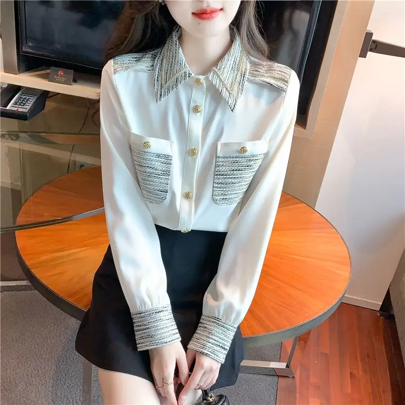 Spring Woman Clothes Long Sleeve Shirt Chiffon Blouse Trend Fashion Office Lady Simplicity Elegant Formal Pocket Buttons Korean