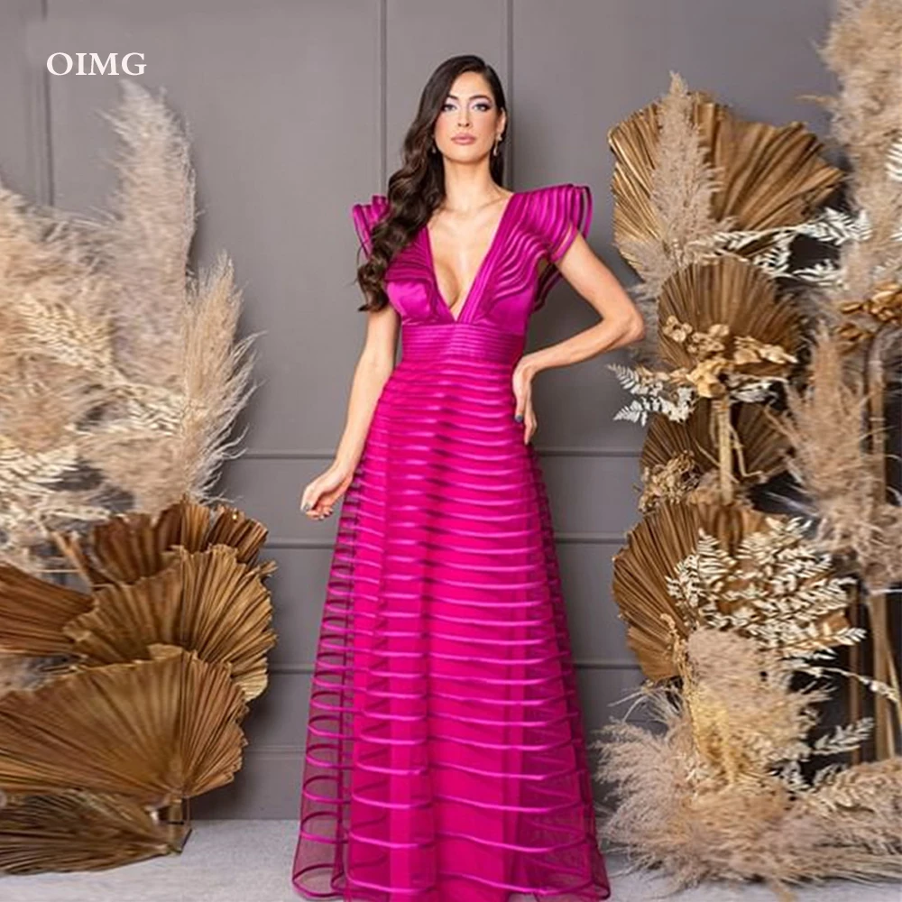 OIMG Fuschia Gaun Malam Elegan untuk Wanita Pesta V Lengan Topi Leher Renda Arab Femme Gaun Prom Formal 2023 Robe De Soiree