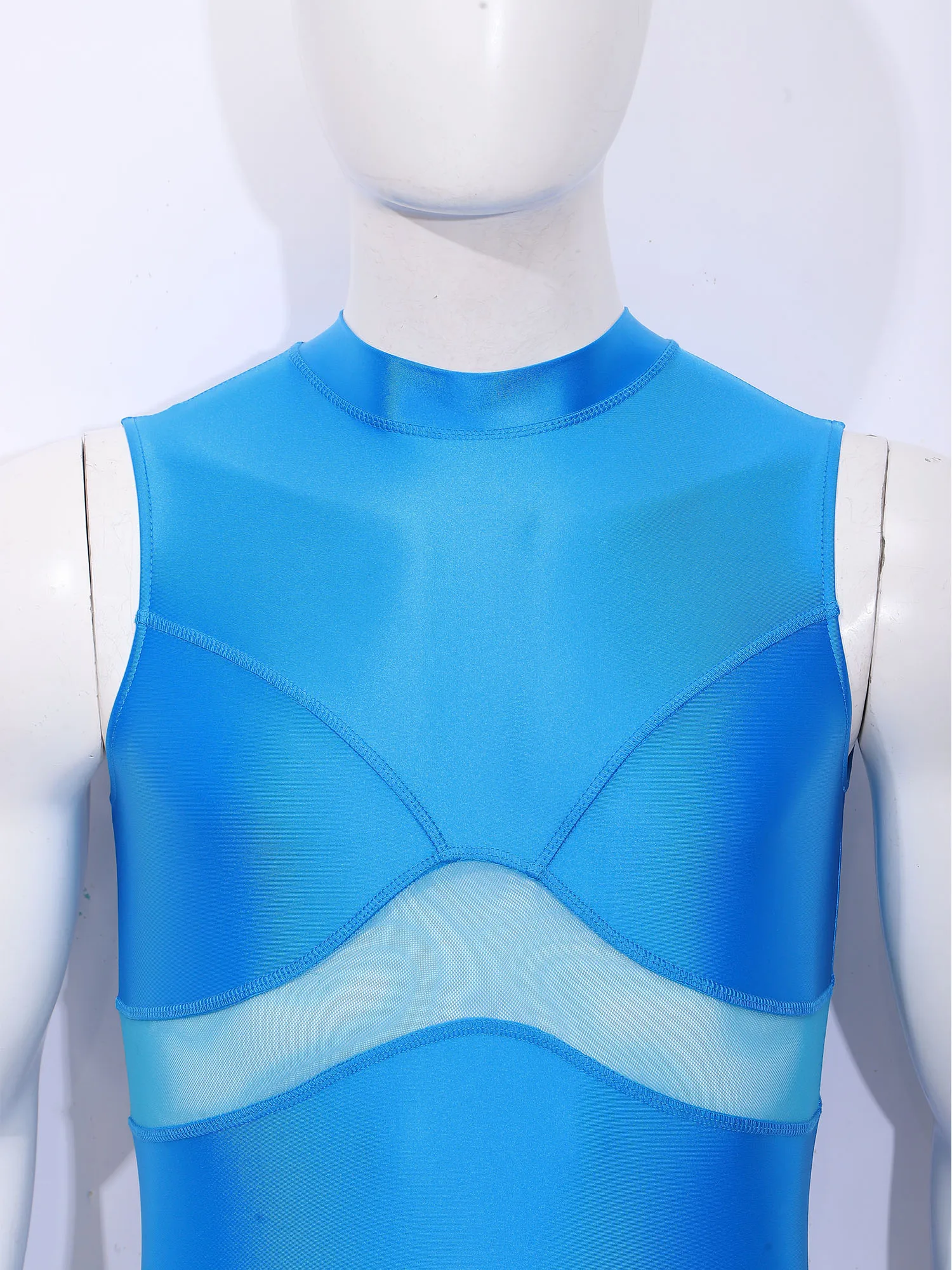 Mens Oil-shiny Bodysuit One Piece Rash Guard Swimwear Sleeveless Sheer Mesh Bodysuit Fitness Workout Beach Bathing Suit Swimsuit