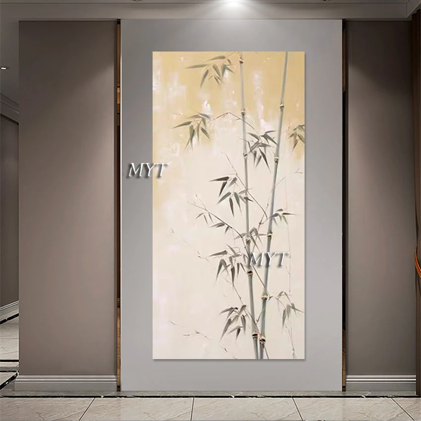 Bamboo Leaf Art Landscape Textured Hand Drawing, Simple Style Abstract Design Frameless Bedroom Wall Decor, Canvas Oil Paintings