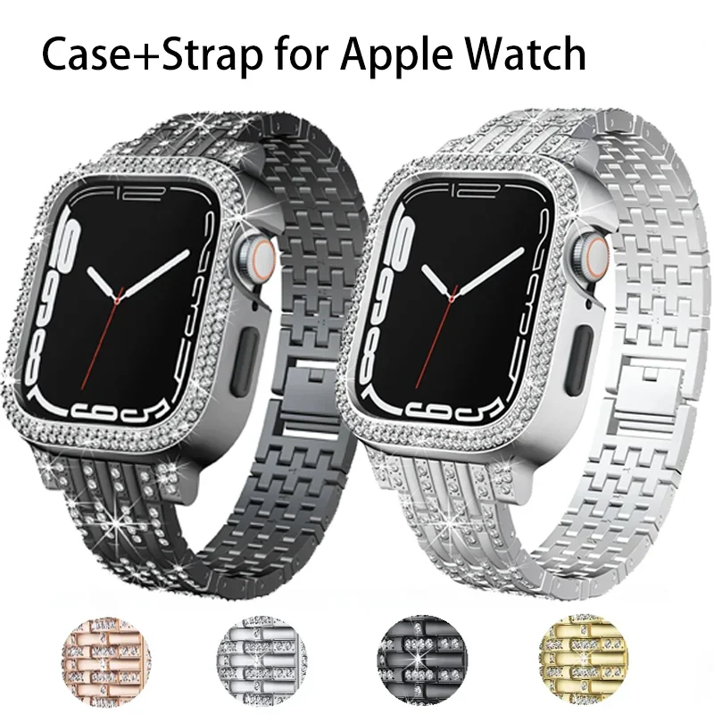 Diamond Case+Metal Strap for Apple Watch Band 9 8 7 45mm 41mm Women Protective Shell Suitable for iWatch 6 5 4 SE 44mm 40mm Belt