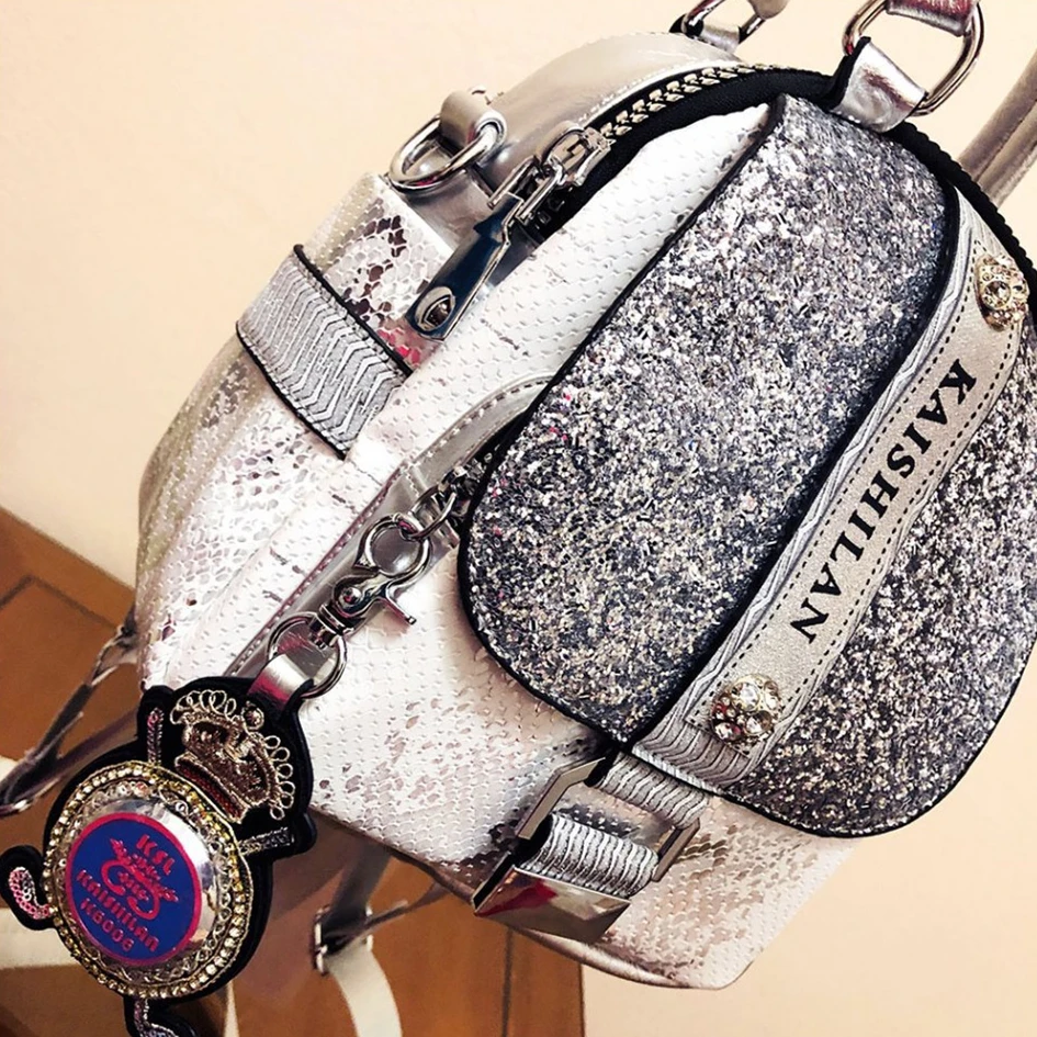 Women Design Vintage Serpentine Vegan Leather Pouch Bag Travel Small Size Glitter Iridescent Multi Pockets Convertible Backpack