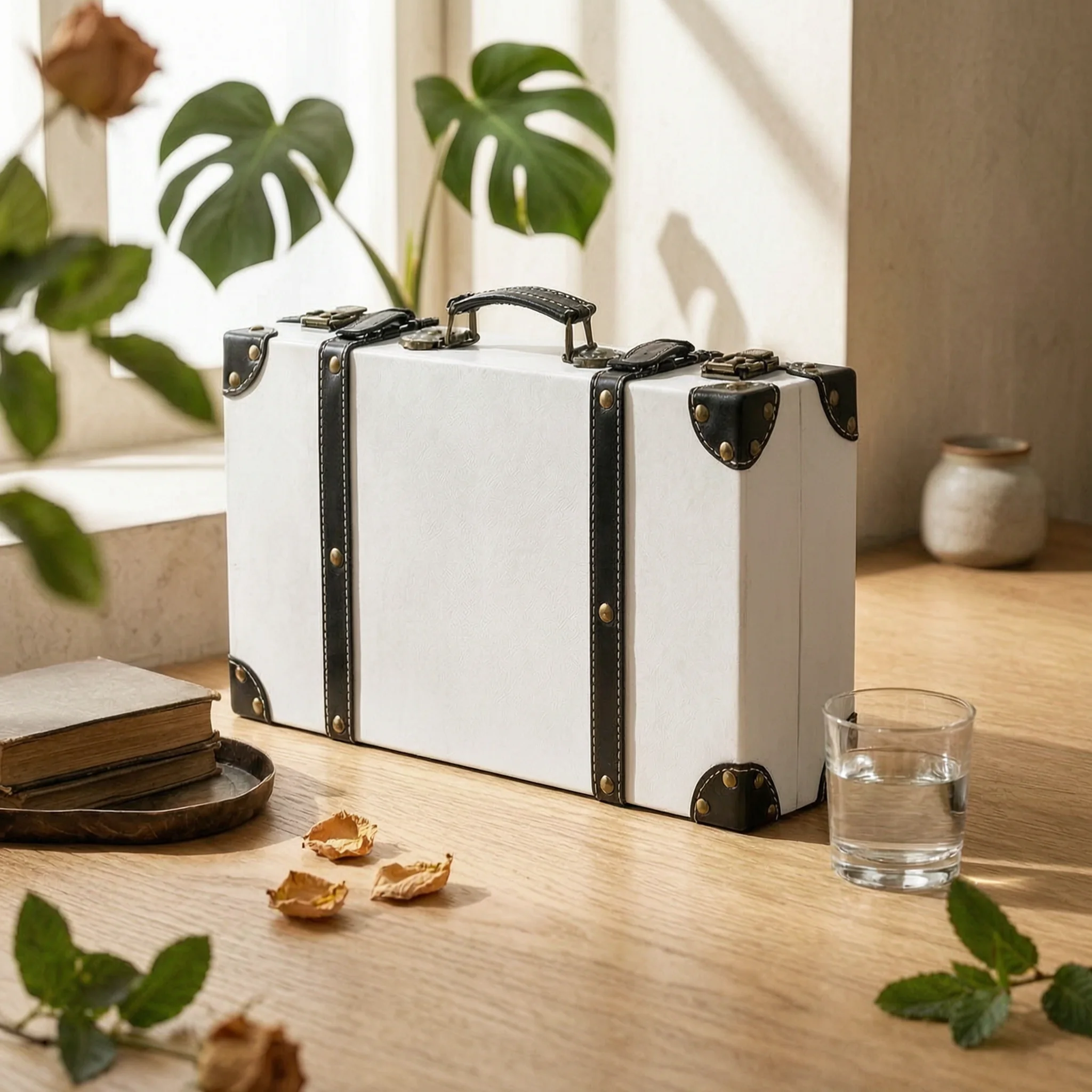 Suitcase-Shaped Storage Box Leather-Like Vintage Suitcase Box Rivet Accent Rustic Charm