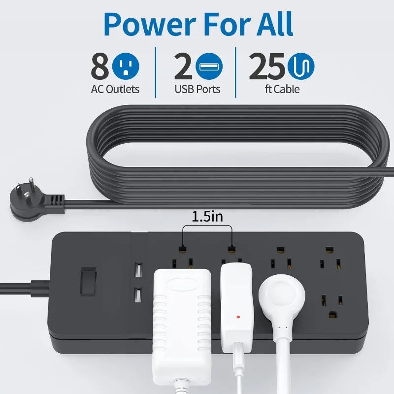 25 Ft Extension Cord Flat Plug, NTONPOWER 8 Outlet Surge Protector Power Strip With USB Ports, 15A Circuit Breaker, Wall Mount S