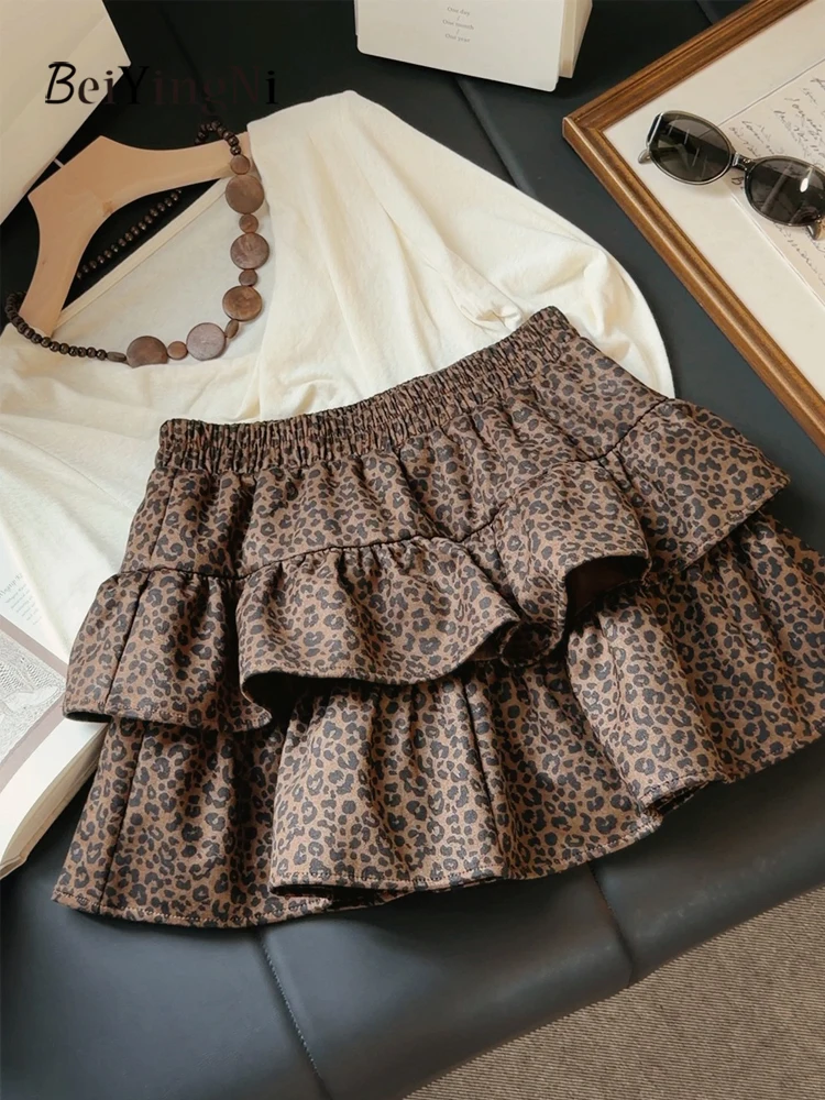 Beiyingni Kpop Vintage Women's Suede Mini Skirt Leopard Print Ruffles Tiered Skirts Ladies Autumn Street Y2K Sexy Cake Skirt