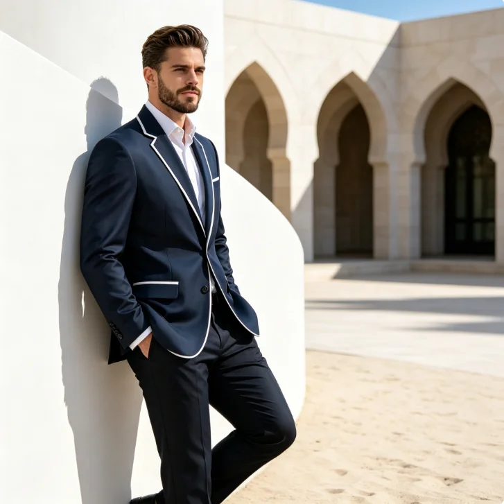 New Navy Blue And White Men Suit Groom Groomsman Wedding Party Prom Business Formal Male Tuxedos 2 Piece Set Blazer Pants