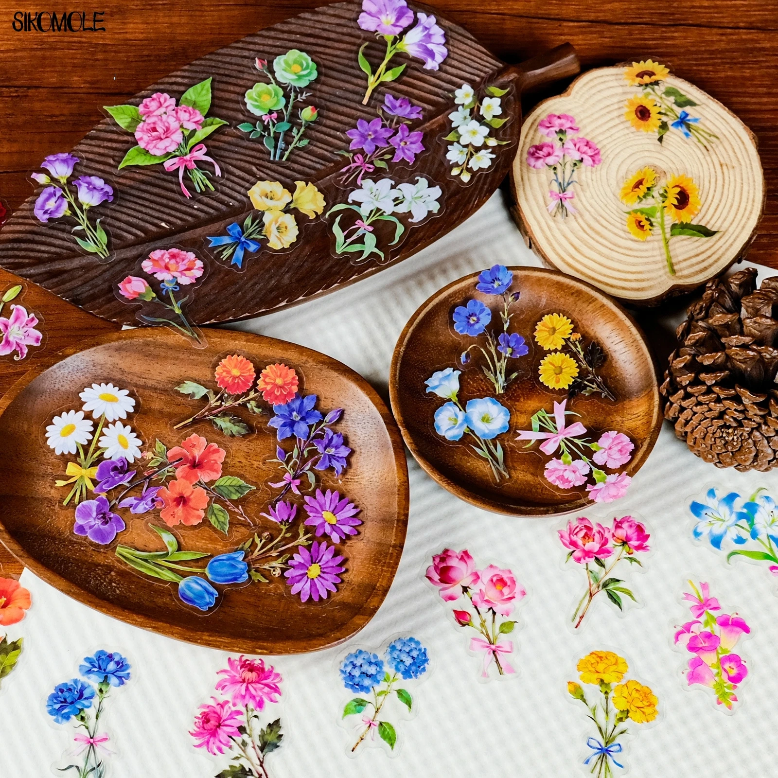 56pcs Transparent Cartoon Colorful Flower Graffiti Stickers Pack Waterproof PET Bookkeeping Material Decorative Notebook Sticker