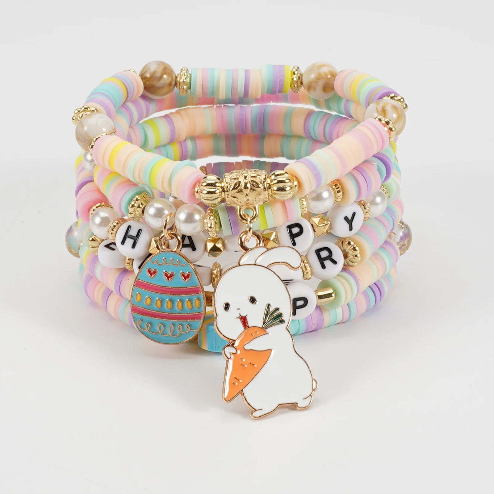Easter Heishi Surfer Bracelets Set Easter Eggs Bunny Colorful Stackable Clay Beaded Stretch Bracelets
