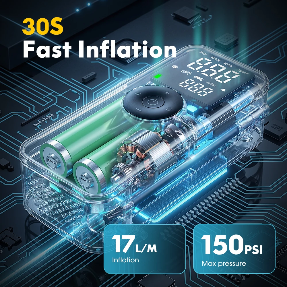Carsun 150Psi Portable Tire Inflator - Red Dot Design Award 2024 Winner, Rechargeable Digital Air Compressor for Car Bike Ball