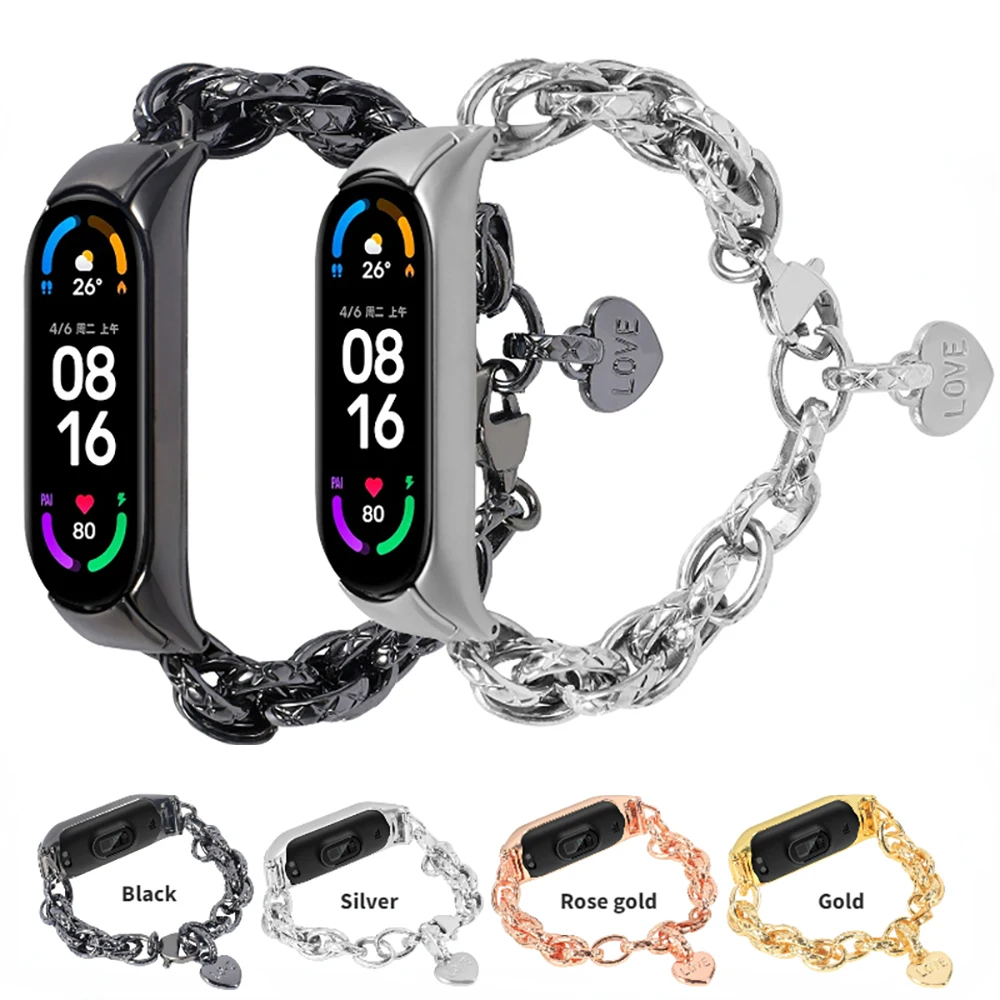 Metal Strap For Xiaomi Mi Band 8 7 6 5 4 3 Smart Watch Stainless Steel Wristband With Heart Chain Belt Mi Band 8 7 6 5 Bracelet