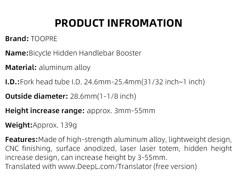 TOOPRE Höhe Spacer Riser Fahrrad Gabel Vorbau Extender Innen Fiameter 24,6-25,4mm 55mm Außendurchmesser 28,6mm für Mountain Road Bike – Detail 2