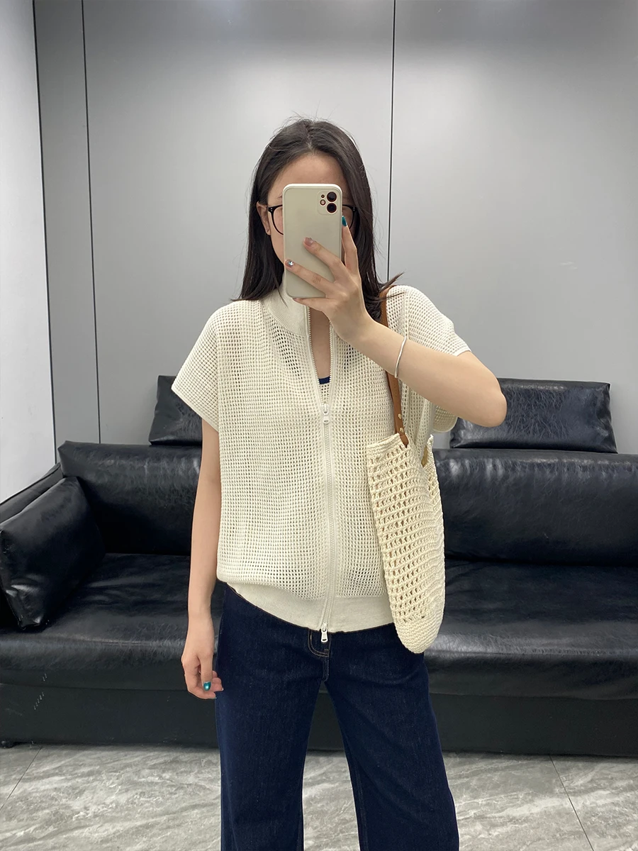 

Женский дышащий комфортный топ-кардиган в итальянском стиле, повседневный, вязаный, хлопковый, на молнии, с коротким рукавом и воротником-стойкой