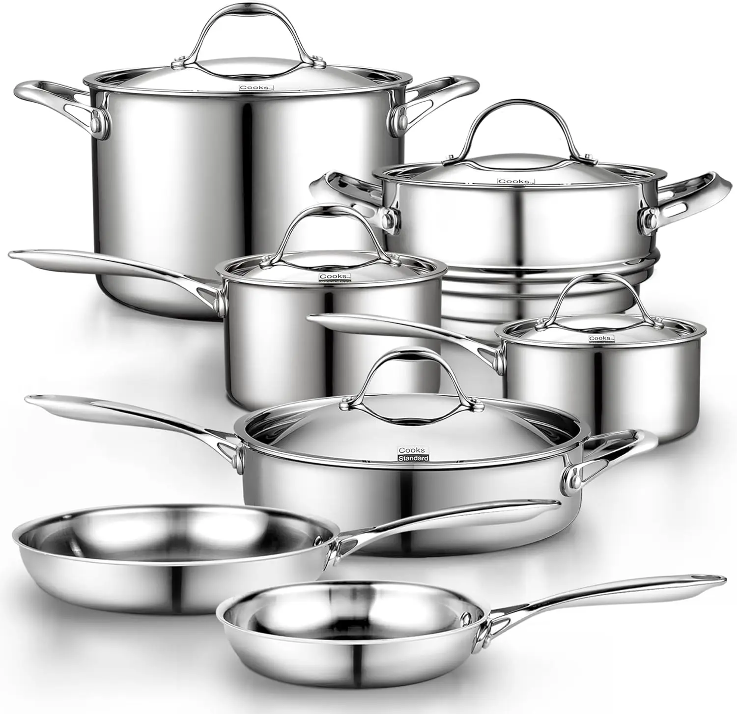 

Stainless Steel Kitchen Cookware Sets 12-Piece, Multi-Ply Full Clad Pots and Pans Cooking Set , Dishwasher Safe, Oven Safe 500°