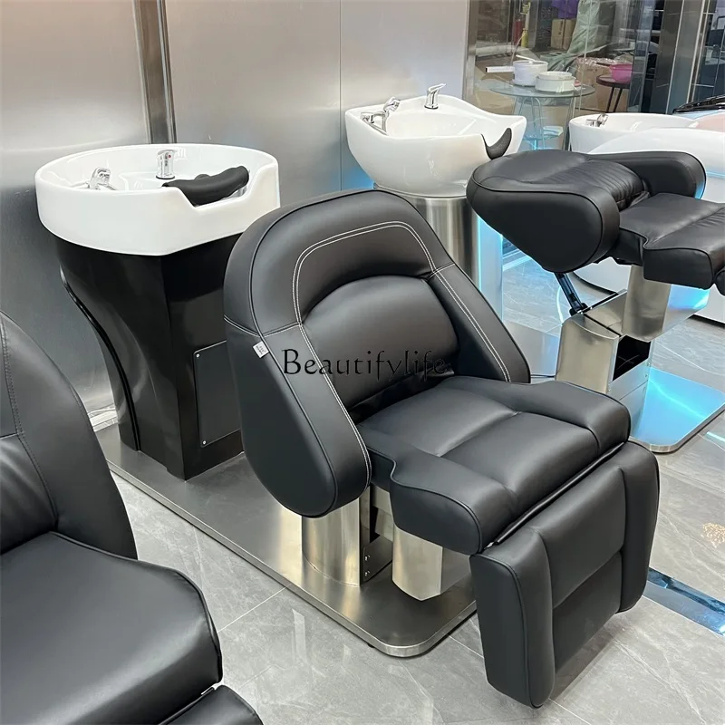 Electric Shampoo Chair Lifting Massage Couch Half Lying Flushing Bed Ceramic Basin