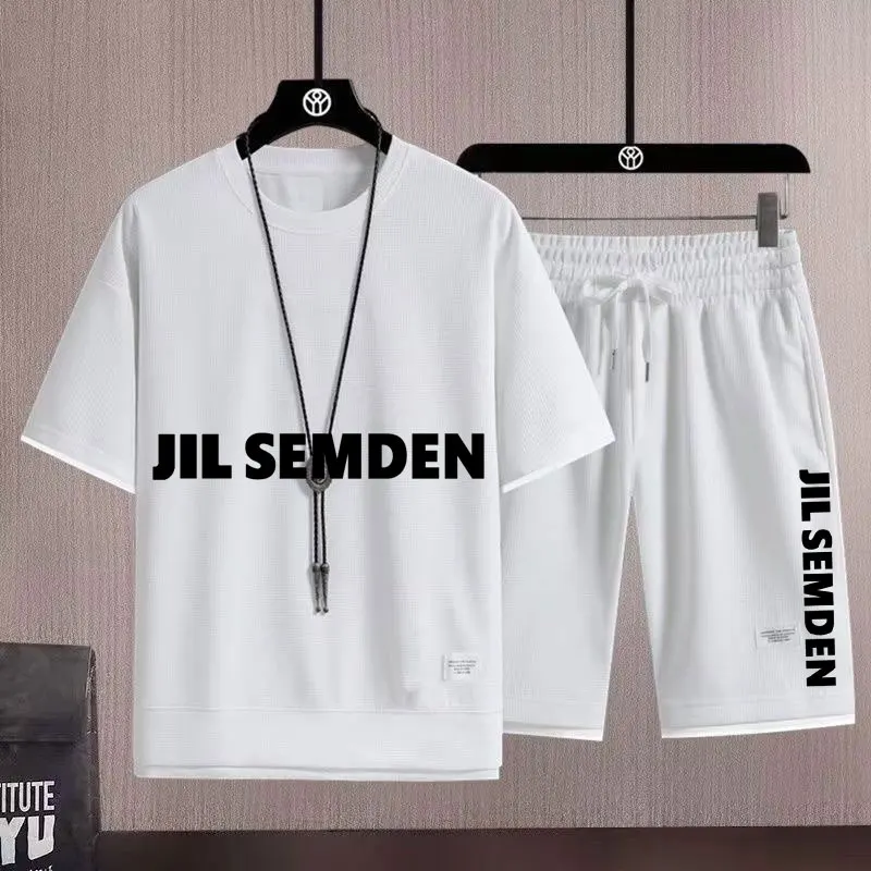 

Комплект из двух предметов JIL SEMDENMen, футболка с вафельным принтом и повседневные шорты, элегантная и дышащая Спортивная одежда для бега, лето 2024 г.