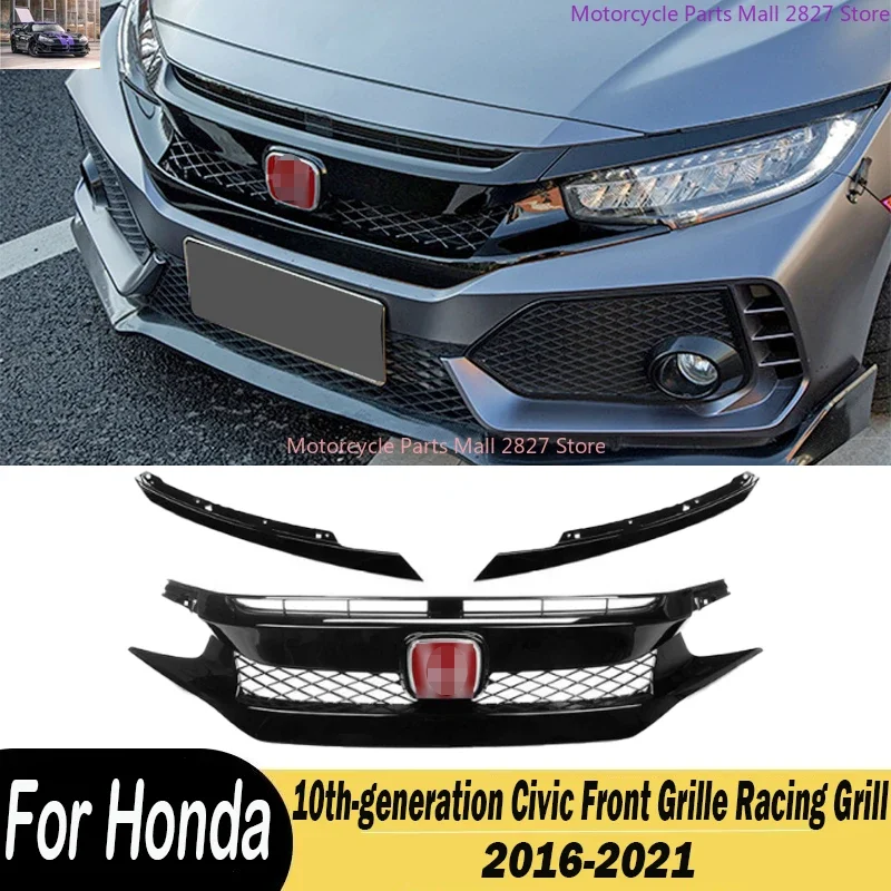 Front Upper Hood Bumper Grille Mesh Grille + Eye Lid 3Pcs For Honda 10th-generation Civic 2016 2017 2018 2019 2020 2021