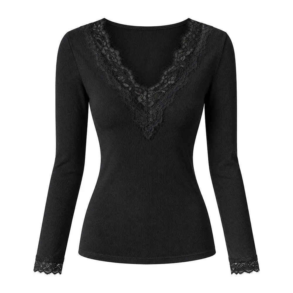 Solid Color V-Neck T-Shirt Stretch Slimming Lace Splicing Lace Patchwork Top Spring Autumn Scalloped Cuffs Ribbed Knit Top