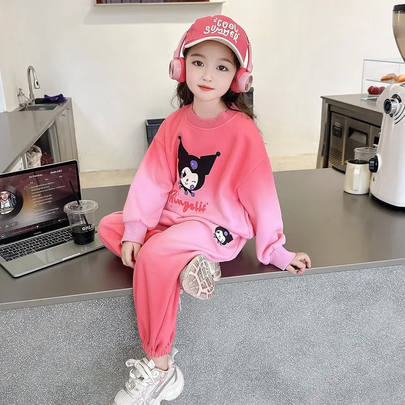 New Anime Sanrio Kuromi Cartoon Print Hoodies Sets for Girls Long Sleeved Top and Long Pant Children's Tracksuits Birthday Gifts