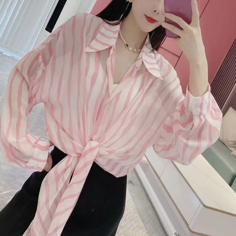 

Spring Summer Thin Loose Turn-down Collar Fashion Letter Shirt New Commute Korean Bandage Blouse Female Clothing Single-breasted