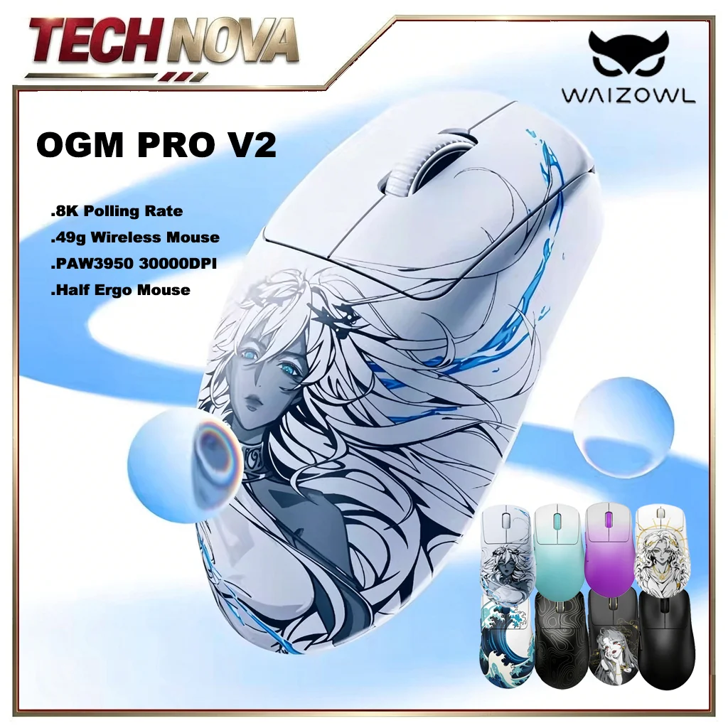 Waizowl OGM Pro V2 Wireless Mouse Bluetooth 3Mode PAW3950 Lightweight Ergonomics 8K Low Latency Skin Like Coating Gaming