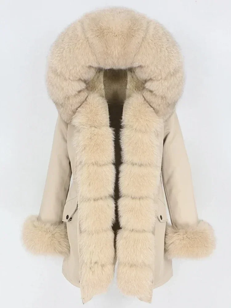 Chaqueta de piel de nueva realidad para mujer, abrigo de piel cálido con cuello de piel de zorro Real Natural, Parkas largas holgadas, prendas de vestir exteriores desmontables, 2025