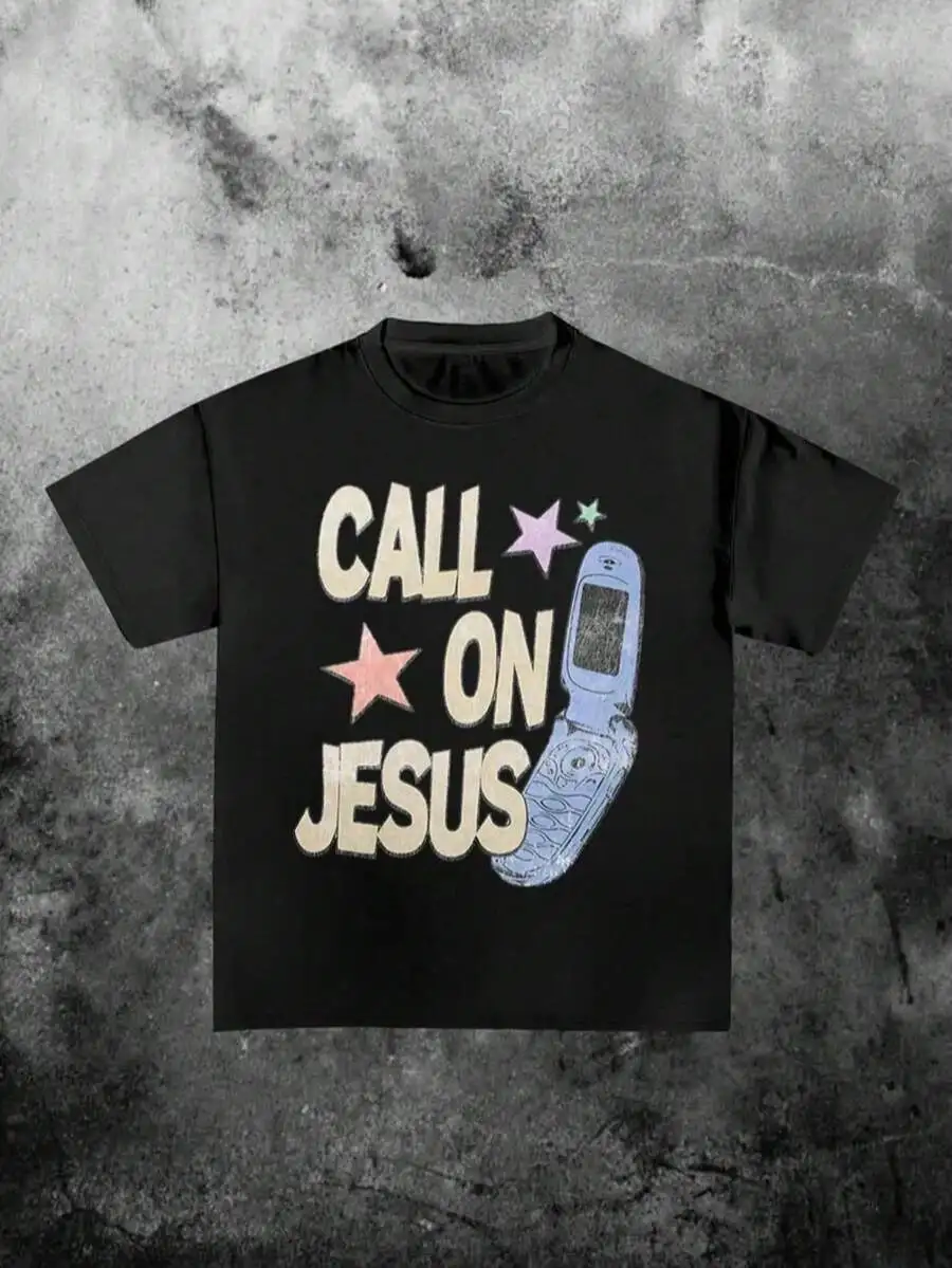 

Mens Y2K Style Call On Jesus Graphic Tee Shirt With Retro Phone Print