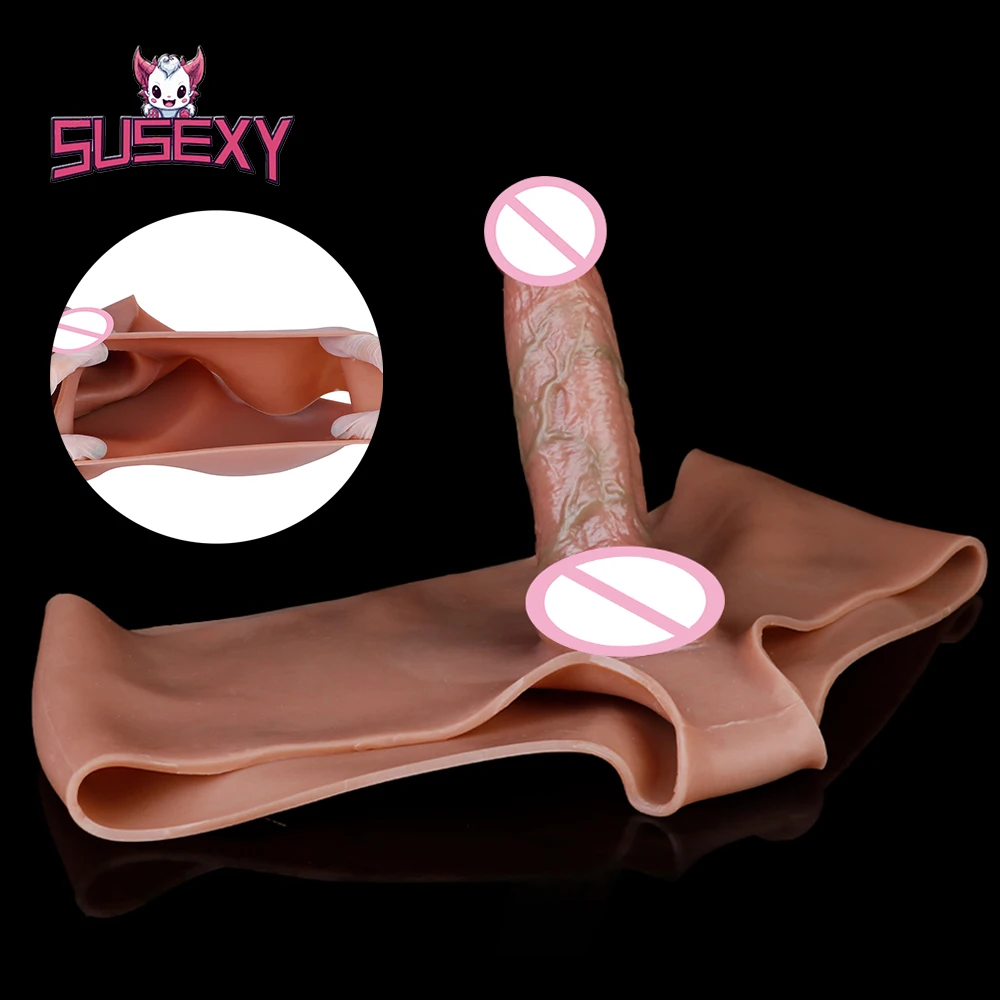 SUSEXY Realistic Strap-on Hollow Penis Sleeve Pants Dildo Delay Ejaculation Device Silicone Sex Toys For Men 18+ Dick Enlarge