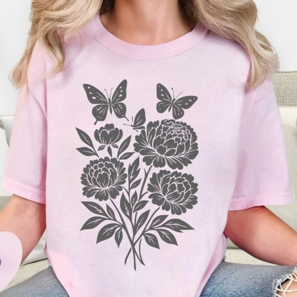 Flower Shirt Retro Block Print Peony T-Shirt Boho Botanical Tshirt Cottagecore Tee Vintage Floral Gift Women Summer Casual Tops