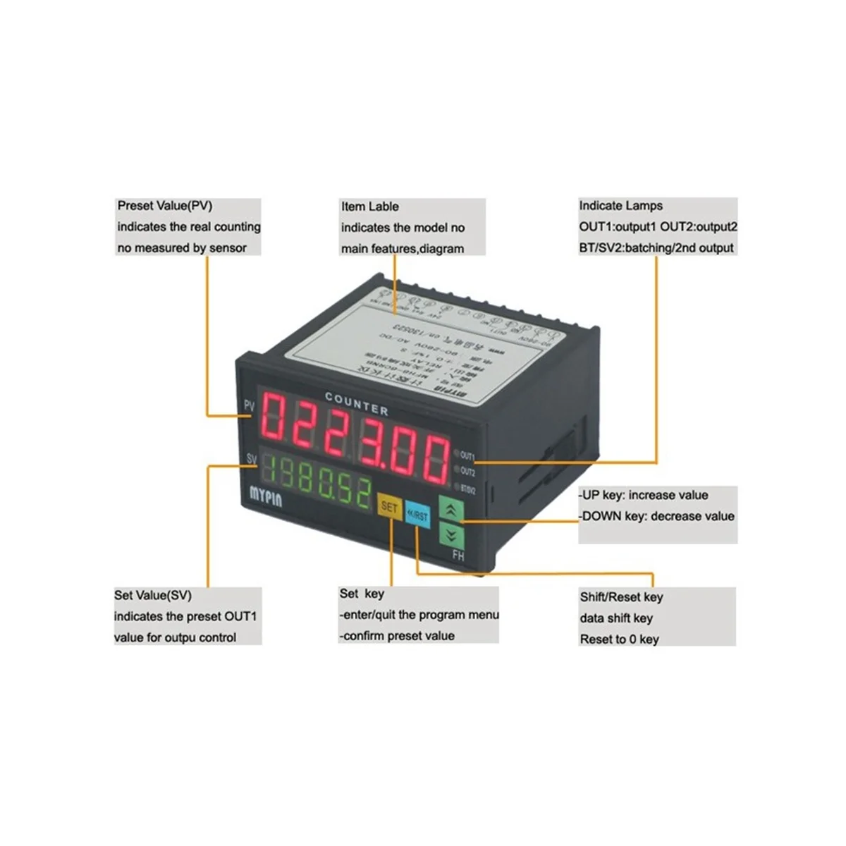 Mypin FH8-6CRRB Dual Display Digital Counter 6 Digits Light-Emitting Diode AC/DC Length Meter Black