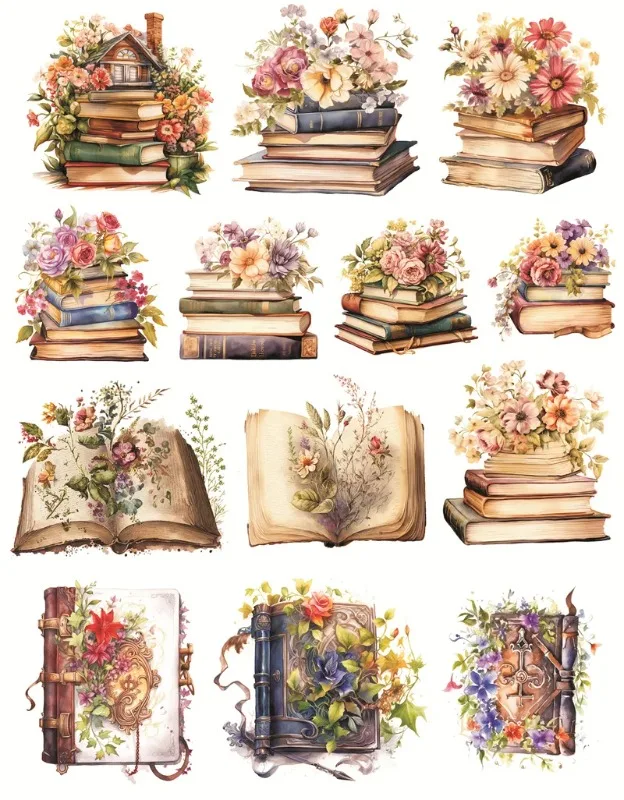 Watercolor Nostalgic Retro Plant and Flower Books Stickers DIY Scrapbooking Diary  Project Decoration  Vintage  Journal